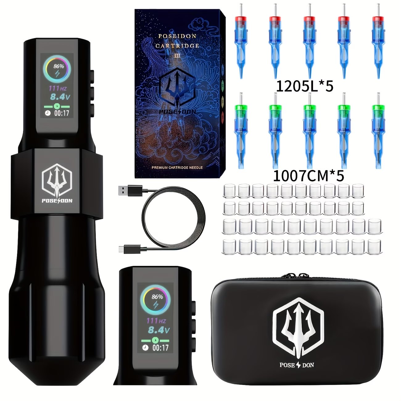 کیت کامل تتو POSEIDON با منبع تغذیه بی‌سیم، دو باتری تتو قابل شارژ USB، دستگاه پاور موتور تتو بدون بو و لوازم جانبی – ابزار حرفه‌ای تتو آرتیست‌ها
